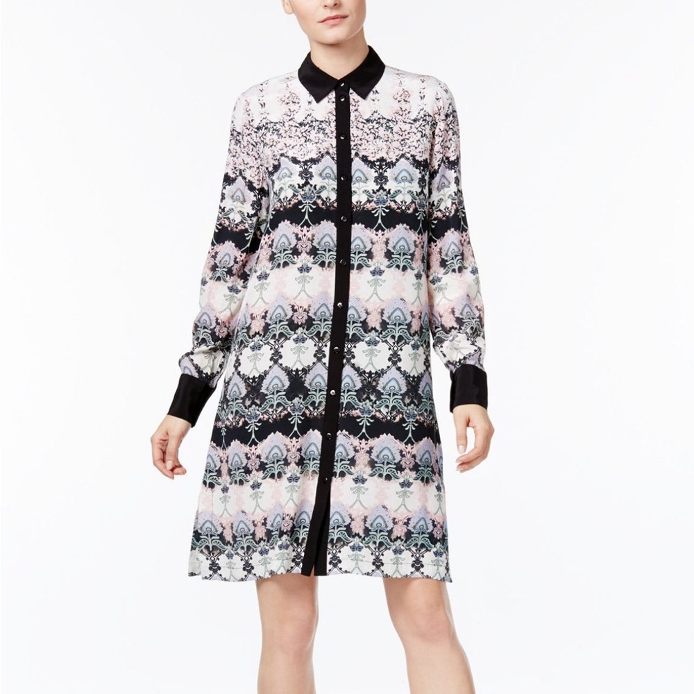 Yyigal Elegant Black and Pink Patterned Button Down Shirt Dress Size XL